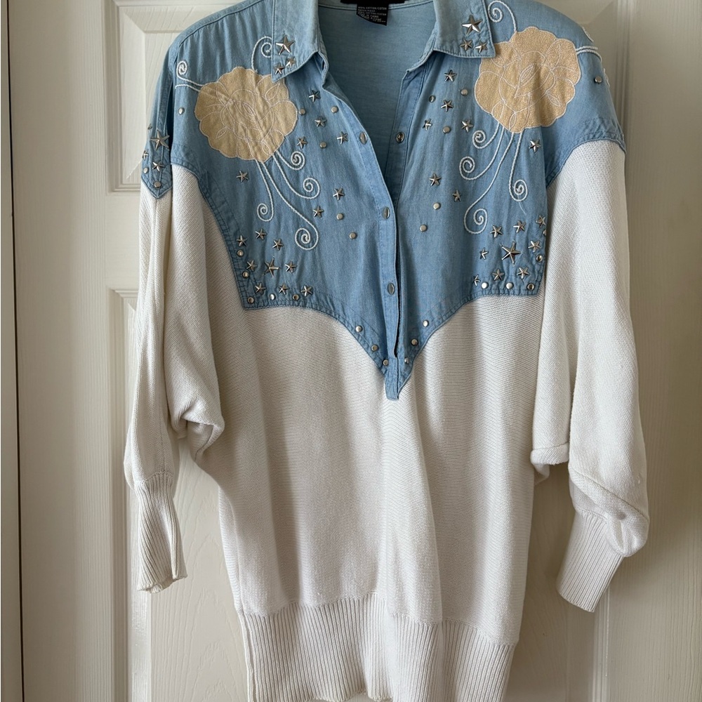 Women's V-Neck Sweater with Embroidered Denim Accents
